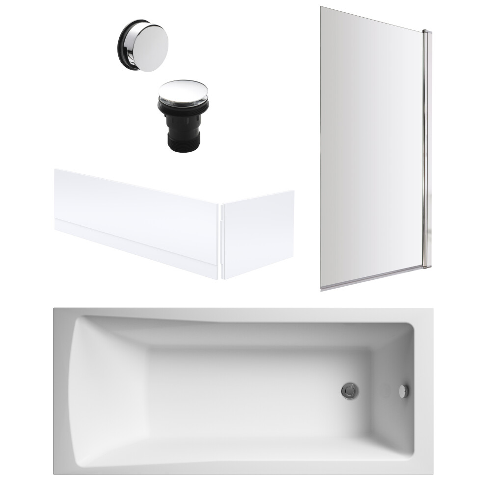 Square 1700mm Shower Bath Set – Front & End Panels & Chrome Rectangular Screen & Chrome Waste