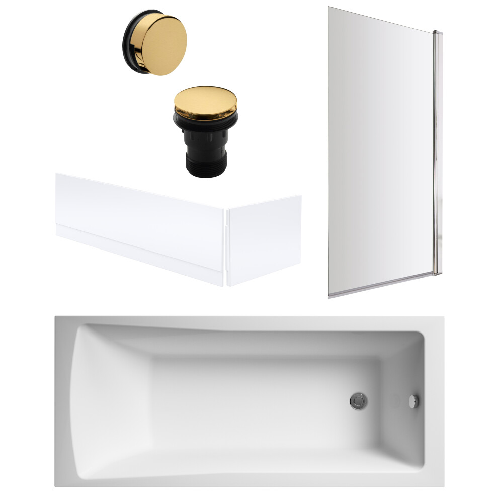 Square 1700mm Shower Bath Set – Front & End Panels & Chrome Rectangular Screen & Brushed Brass Waste