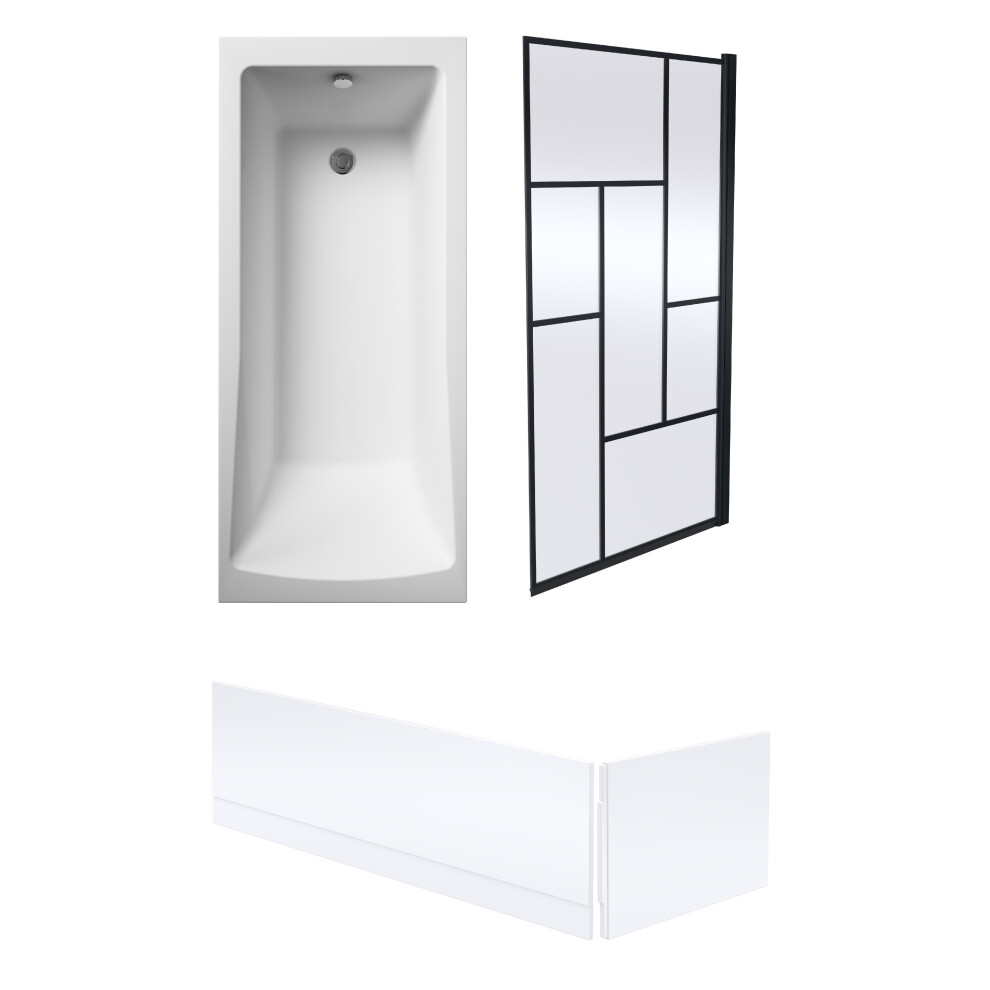 Square Single Ended Bath, Panels and Black Abstract Screen - 1700 x 700mm