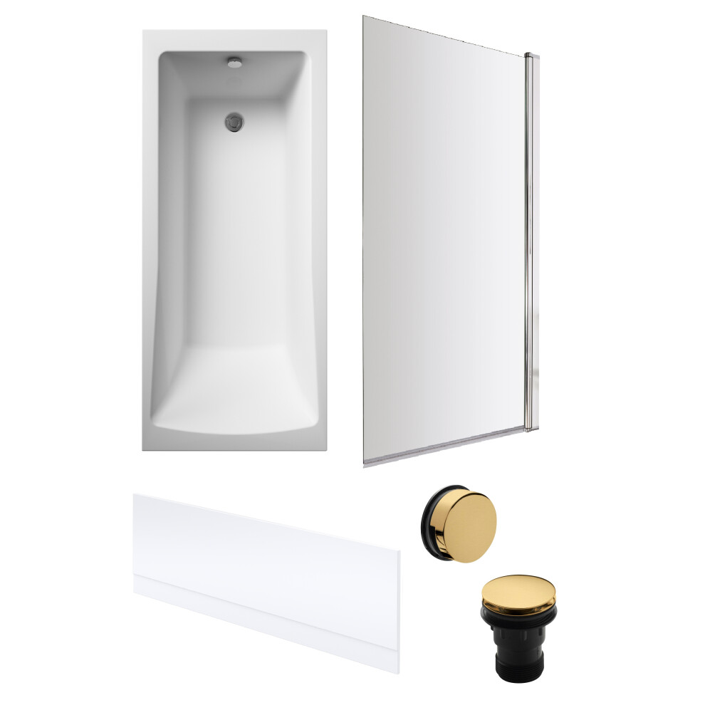 Square 1700mm Shower Bath Set – Front Bath Panel & Chrome Rectangular Screen & Brushed Brass Waste