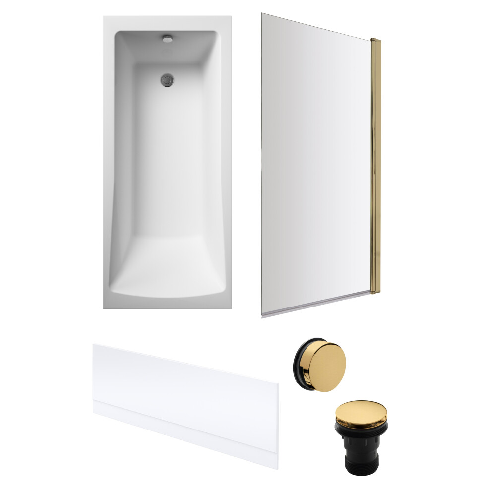 Square 1700mm Shower Bath Set – Front Bath Panel & Brushed Brass Rectangular Screen & Brushed Brass Waste