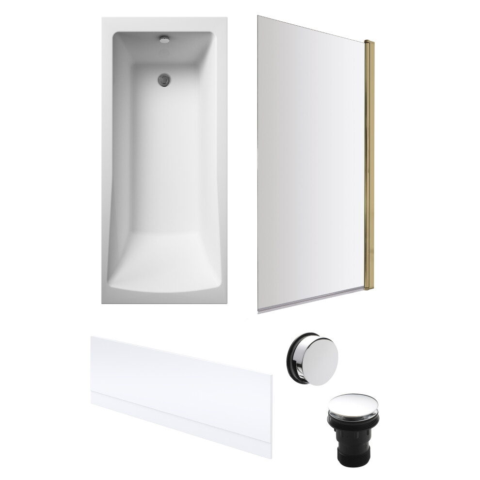 Square 1700mm Shower Bath Set – Front Bath Panel & Brushed Brass Rectangular Screen & Chrome Waste