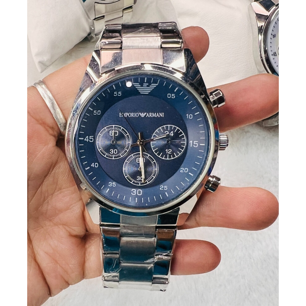Emporio Armani AR5860 Men's Chronograph Silver Bracelet, Blue Dial & Silver Case
