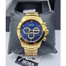NEW HUGO BOSS MEN'S 1513340 GOLD BRACELET BLUE DIAL GOLD CASE