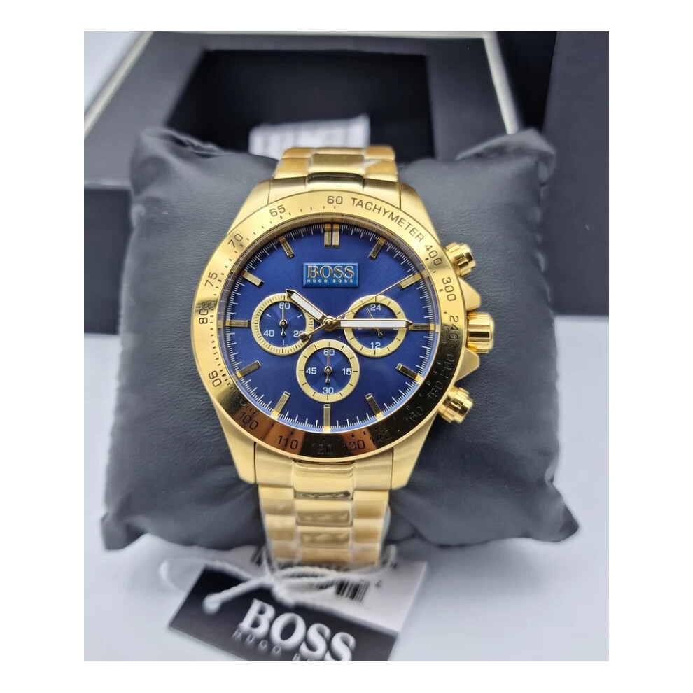 NEW HUGO BOSS MEN'S 1513340 GOLD BRACELET BLUE DIAL GOLD CASE