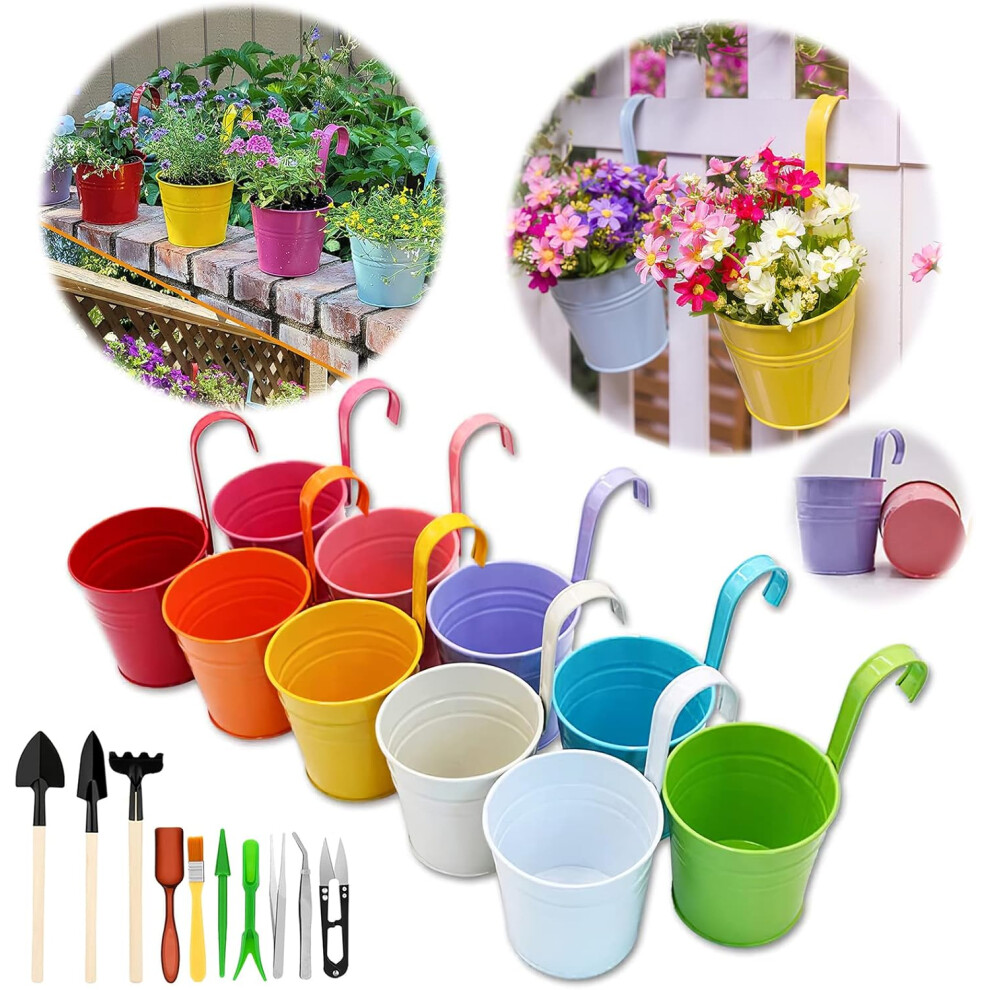 GIOVARA Hanging Plant Pot Large Metal Flower Pots Coloured Fence Plant Pots Hanging Planter Basket Set Detachable Hook, Balcony Planters Garden