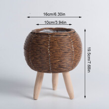 (Style 2) Vintage Planters Imitation Rattan Flower Stand Woven Storage Basket With Wooden Legs