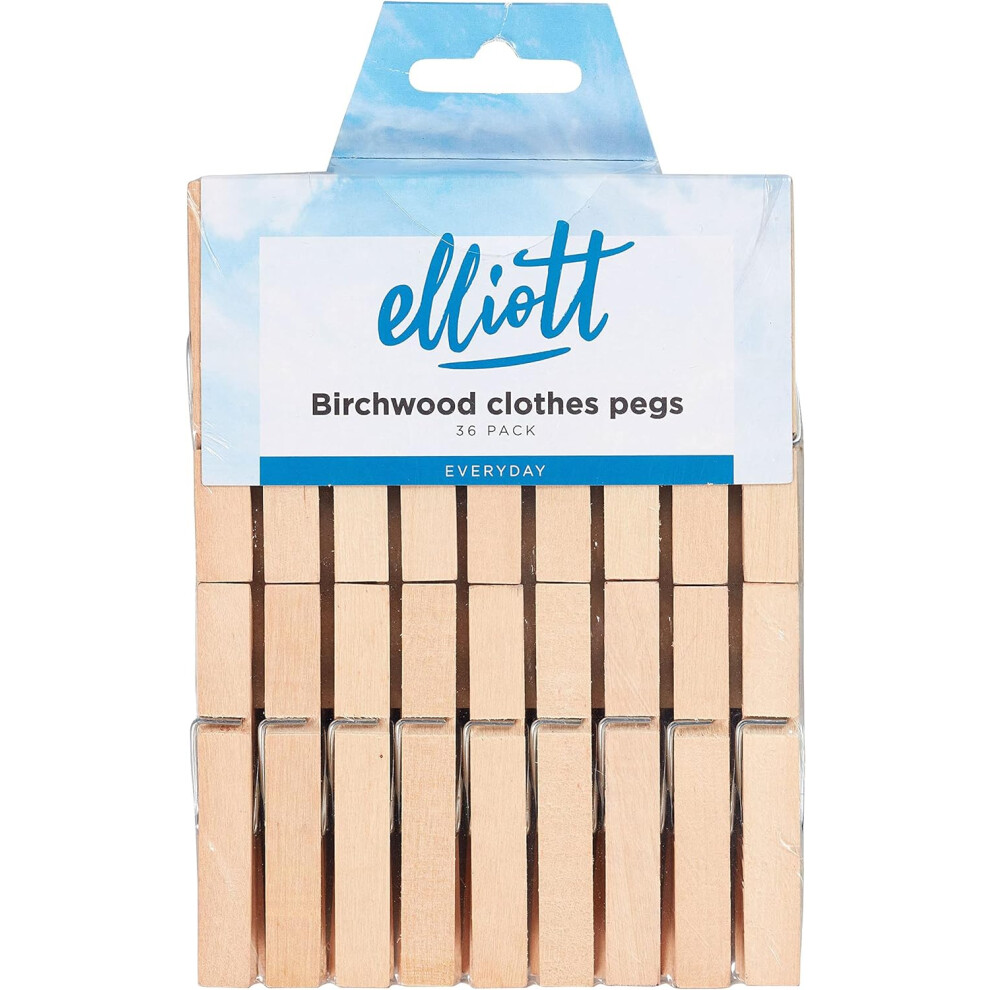 Elliott Hardwood Clothes Pegs With Metal Coil Spring For Firm Grip, Contoured To Prevent Leaving Marks On Clothing, This Pack Include 36 Pegs