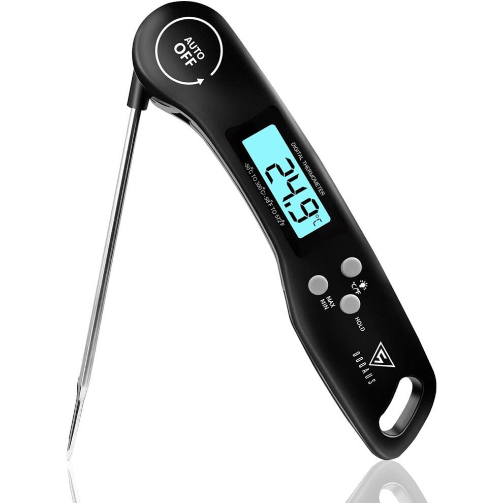 DOQAUS Digital Meat Thermometer, Instant Read Food Thermometer w/ Backlight LCD Screen, Foldable Long Probe & Auto On/Off, Perfect for Kitchen, Black