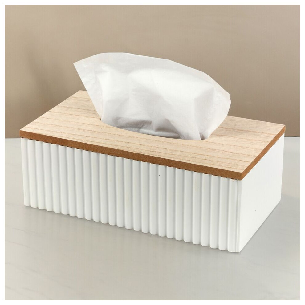 (White) MDF Facial Tissue Storage Box Napkin Holder Dispenser Hinged Lid