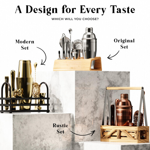 BARE BARREL Cocktail Making Kit | 14-Piece Bartender Kit Cocktail Shaker Set Maker | Bamboo Display Stand 2