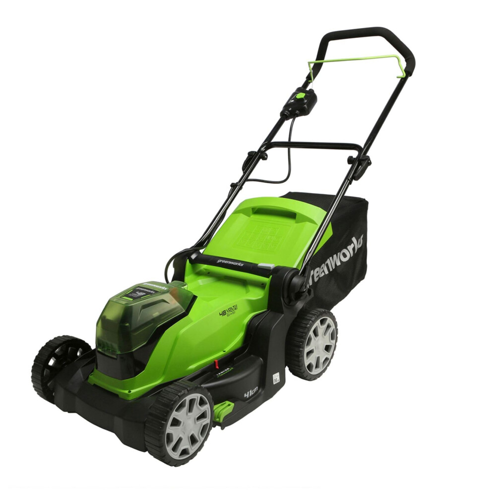 Greenworks Lawn Mower 2x24V(48V) Cordless Lawnmower with Mulcher + 50L Grass Bag. Fast Grass Cutter up to 440m². 41cm Cutting Width