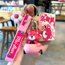 (Pink) Charming Strawberry Bear Car Keychain Pvc Figurine Cute Novelty Gift Item