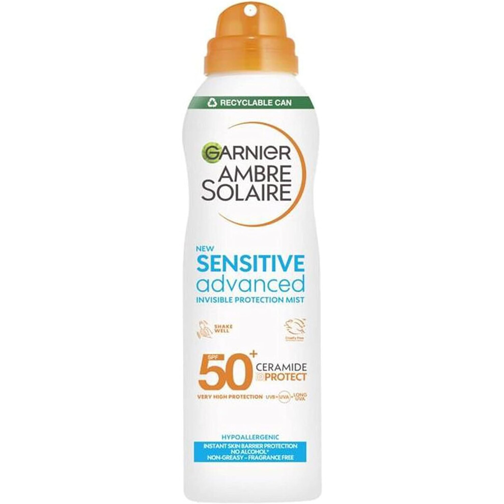 Garnier Ambre Solaire SPF 50+ Sensitive Advanced Dry Mist Sun Cream Spray, Water Resistant & Non Greasy Sunscreen, Fragrance Free, UVA, UVB Protection