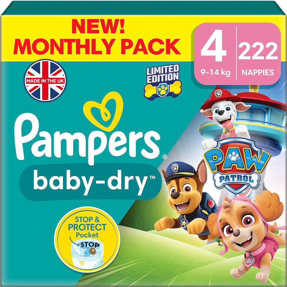 Pampers Baby-Dry Paw Patrol Edition Size 4, 222 Nappies, 9kg - 14kg, Monthly Pack, with A Stop & Protect Pocket to Help Prevent Leaks At The Back