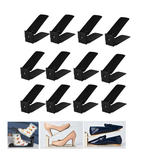 (Black) 12x Shoe Slots Organizer Wardrobe Stacker Space Saver Rack Holder Adjustable