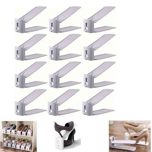 (Grey) 12x Shoe Slots Organizer Wardrobe Stacker Space Saver Rack Holder Adjustable