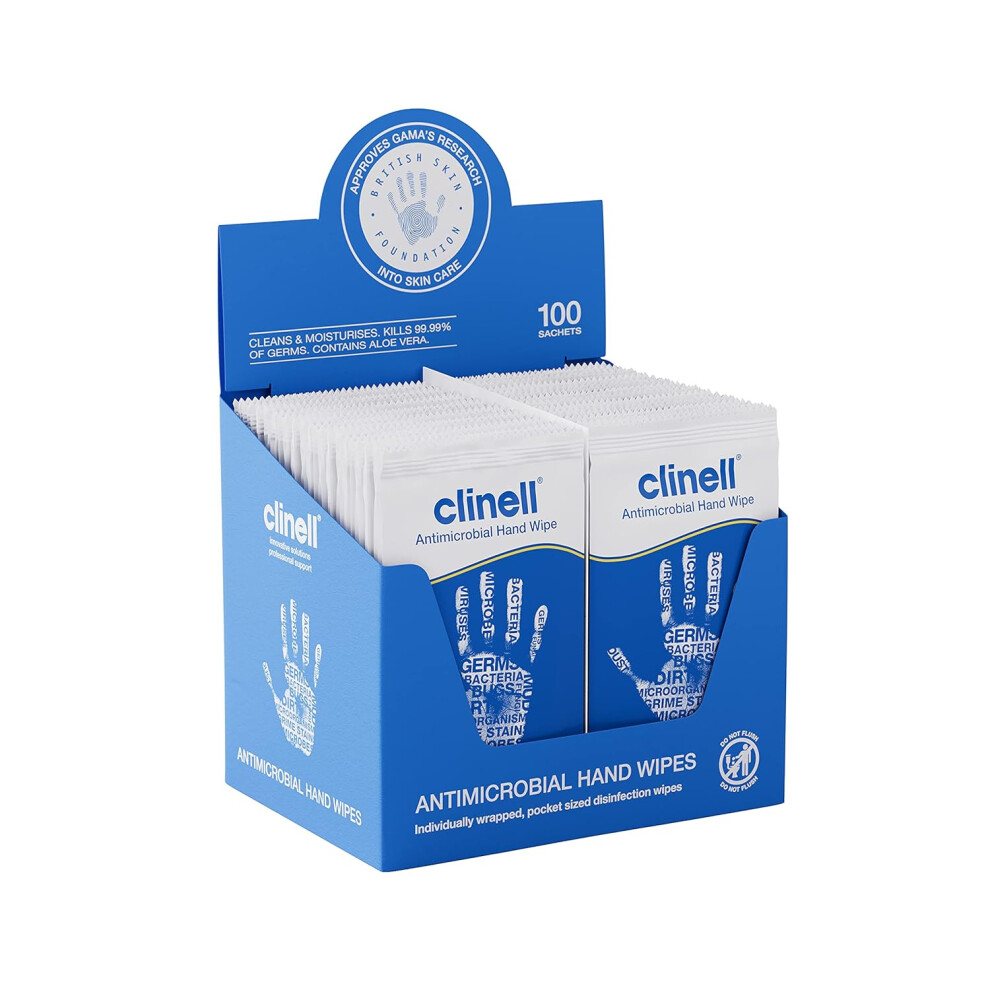 Clinell Antimicrobial Hand Wipes - Pack of 100 Individually Wrapped Sachets - Sanitising Wipes, Ideal for Travel - Dermatologically Tested