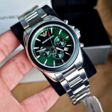 EMPORIO ARMANI MEN'S WATCH AR6090 SILVER STRAP GREEN DIAL SILVER CASE