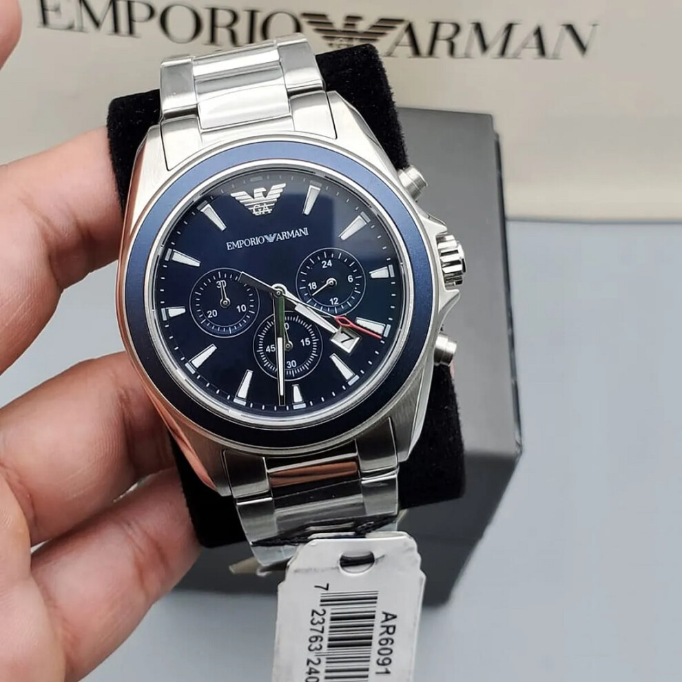 EMPORIO ARMANI MEN'S WATCH AR6091 SILVER STRAP BLUE DIAL SILVER CASE