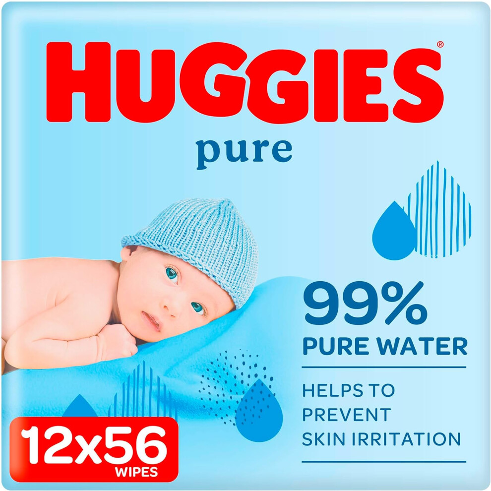 Huggies Pure, Baby Wipes, 12 Packs (672 Wipes Total) - Natural Wet Wipes for Sensitive Skin - 99 % Pure Water - Fragrance Free to Clean & Protect