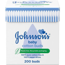 Johnson's Baby Cotton Buds (1 x Pack of 200) Soft & Gentle Ear Cotton Buds for Delicate Skin, Made of 100% Pure Cotton & Paper Sticks, Plastic-Free