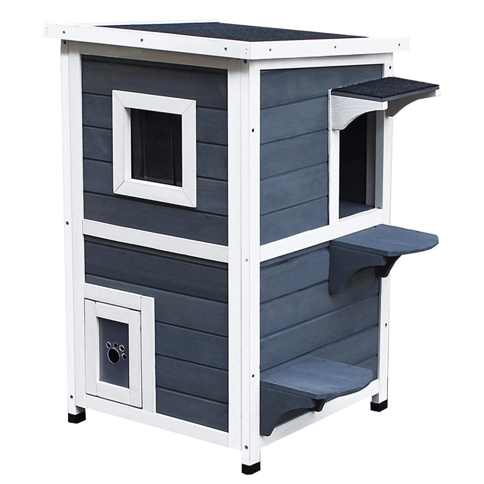 PawHut Wood 2-Floor Cat Condo Pet House Kitten Shelter with Window - Gray