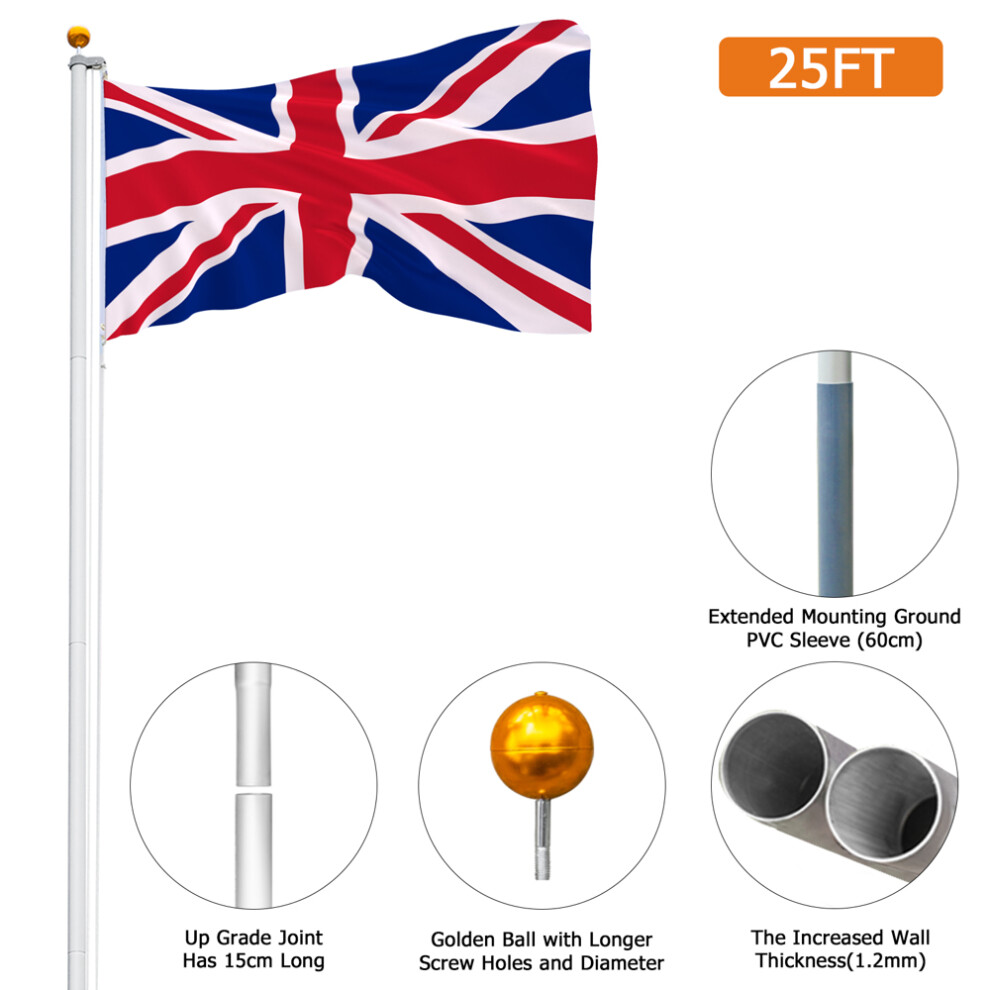 25ft Flag Pole Halyard Pole UK Flag Kit Portable Retractable Splicing Flagstaff
