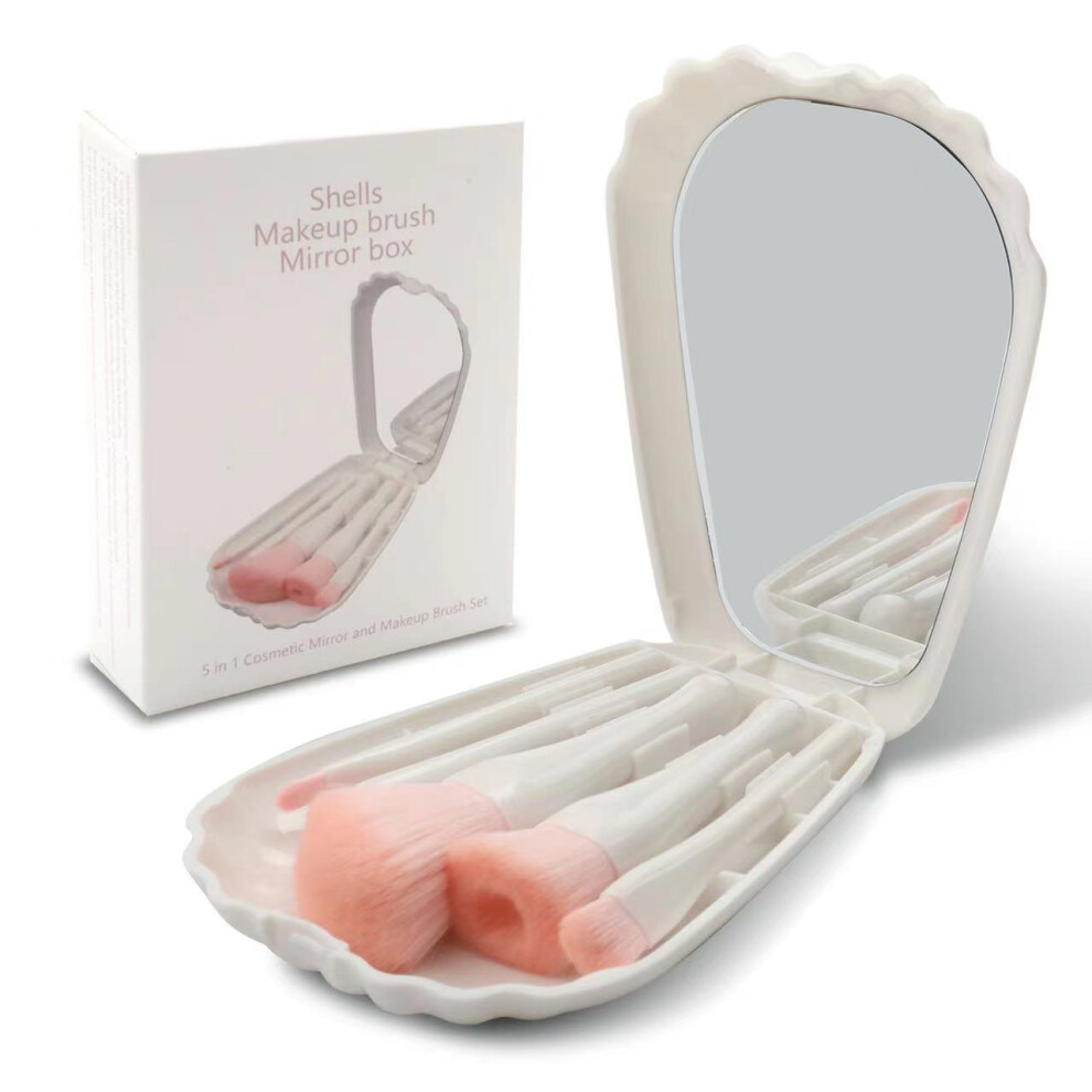 White 5Pcs Makeup Brush Set With Mirror Shell Shape Cosmetic Box