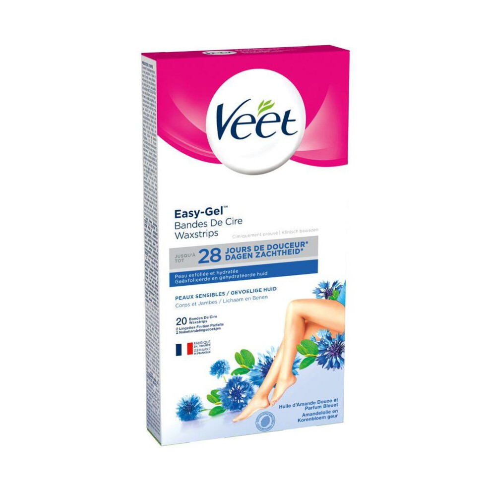Veet Sensitive Skin Wax Strips 20's Pre-Coated Wax Strips for Gentle Hair Removal, Includes Soothing Wipes, for Smoothness