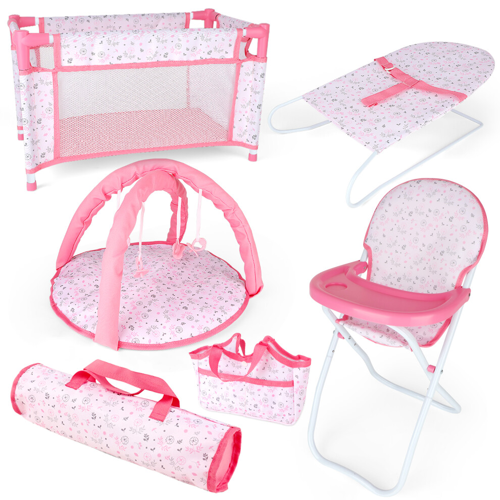 Deao Toys 4 In 1 Baby Doll Deluxe Play Set Highchair Baby Bed Cradle Role Play Toy For Kids (Doll Not Included)