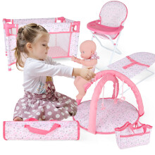 4 in 1 Baby Doll Deluxe Play Set Highchair Baby Bed Cradle Role Play Toy for Kids (doll not included)