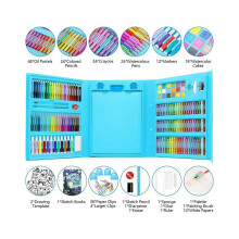 (Blue) 208 Pcs Kids Art Supplies Trifold Easel Painting Art Set With Sketch Pad Markers