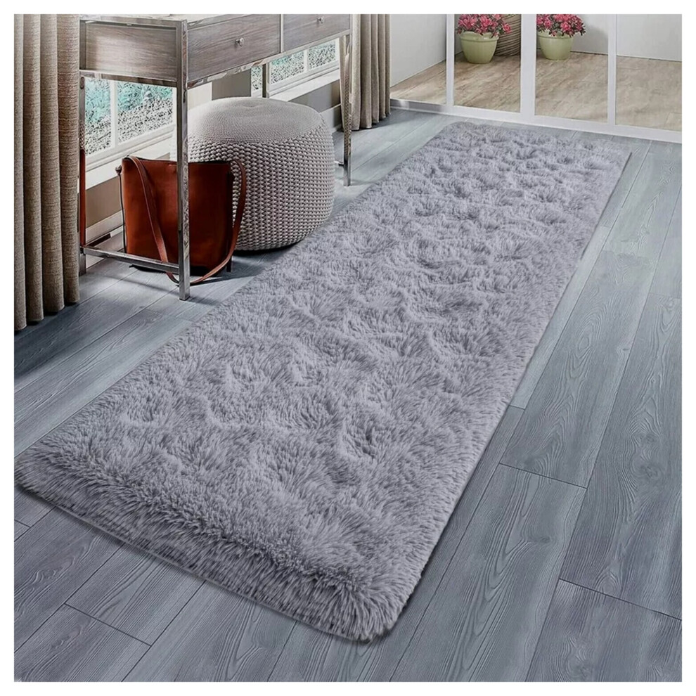 (60x220 cm- Runner Carpet/Rug) Living Room Rugs Fluffy Shaggy Soft Grey Carpet UK