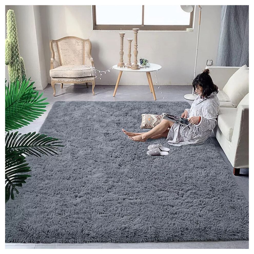 (120x170 cm- Area Carpet/Rug) Living Room Rugs Fluffy Shaggy Soft Grey Carpet