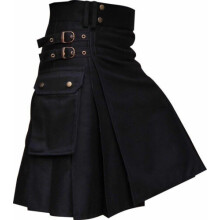 (5XL) Kilts-men's Plus Size Scottish Hybrid Black Cotton Tartan Utility Kilts With Leather Straps Kilts For Men