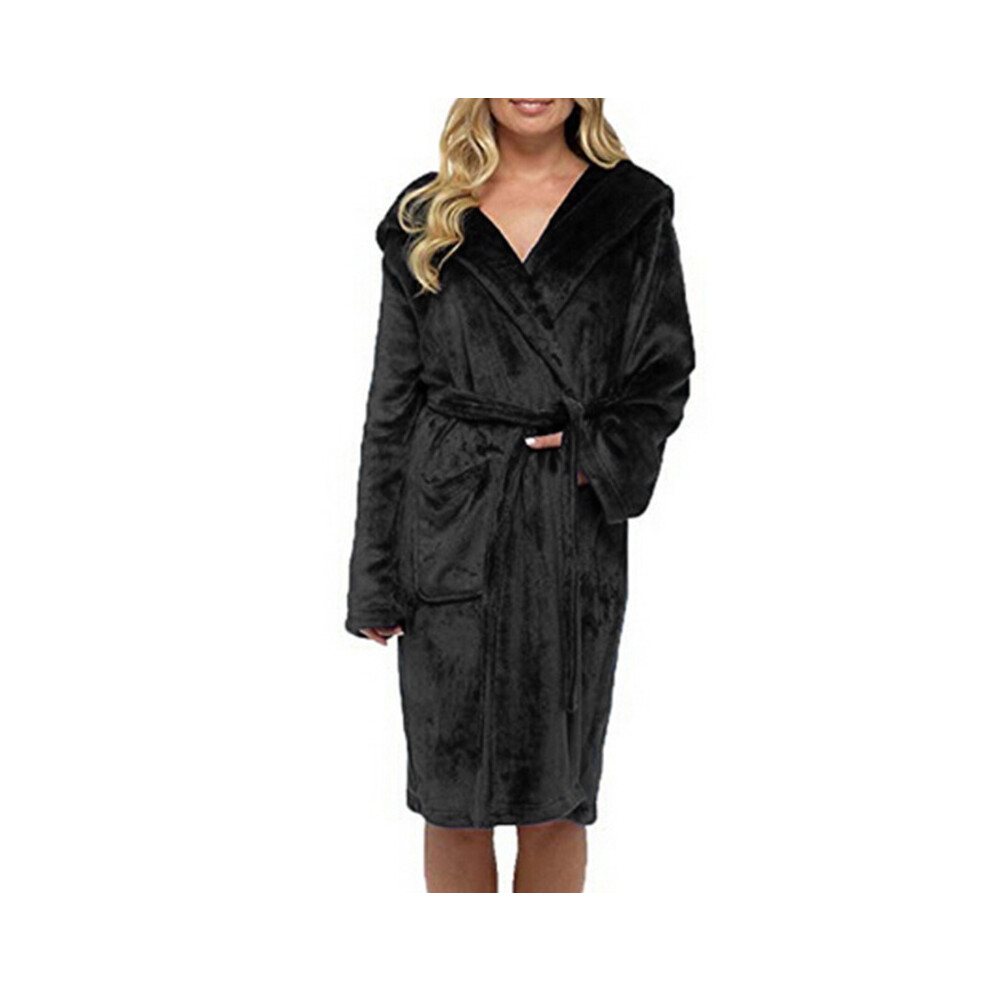 (S, Black) Fleece Bathrobe Women Dressing Gown Hooded Towling Bath Robe Nightwear