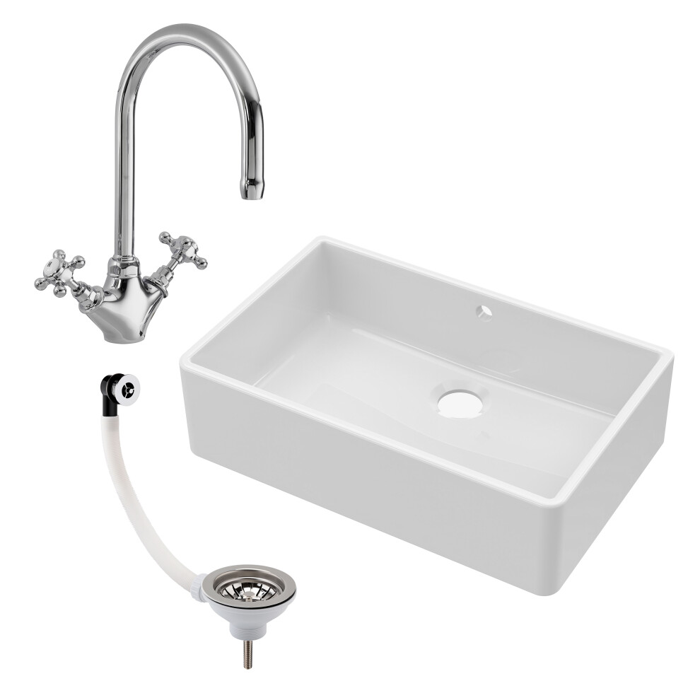 795mm - Single Bowl Fireclay Butler Kitchen Sink with Overflow -  Mixer Tap, Overflow & Waste
