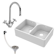 795mm - Double Bowl Fireclay Butler Kitchen Sink - Full Weir, Mono Mixer Tap & Wastes
