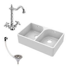 795mm - Double Bowl Fireclay Butler Kitchen Sink - Weir, French Classic Tap & Wastes