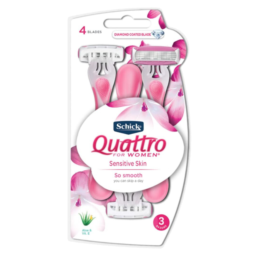 Schick Quattro for Women Razors 3's Four-Blade Design with Moisture Strip Pivoting Head, Smooth and Comfortable Shave