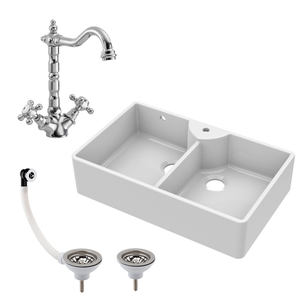 895mm Double Bowl Fireclay Butler Kitchen Sink - With Overflow, Classic Tap & Wastes - Traditional Belfast Style