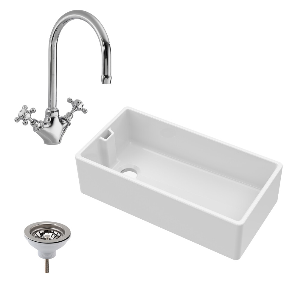 Fireclay Belfast Kitchen Sink with Overflow, Mono Sink Mixer Tap & Waste, 895mm