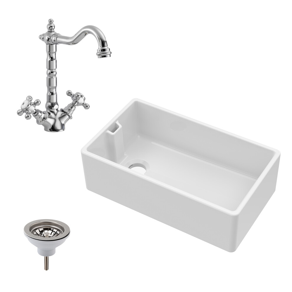 Fireclay Belfast Kitchen Sink with Overflow, French Classic Tap & Waste 795mm