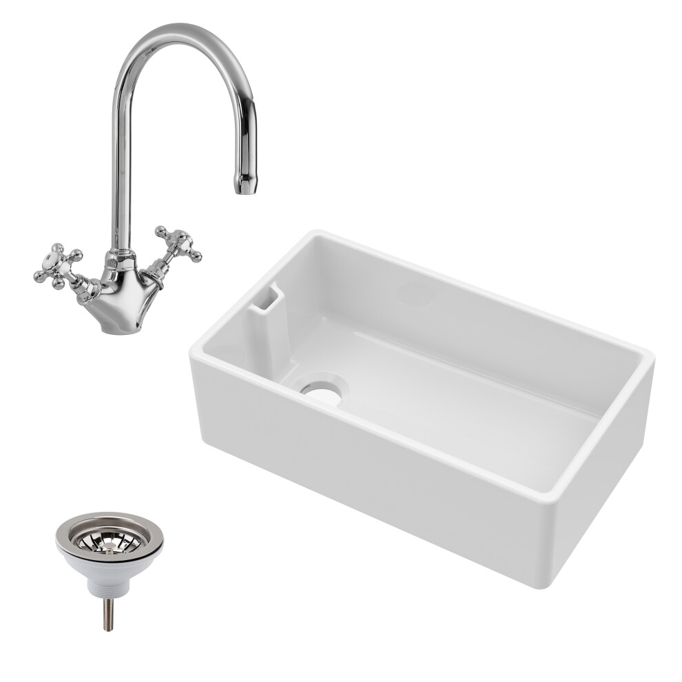 Fireclay Belfast Kitchen Sink with Overflow, Mono Sink Mixer Tap & Waste, 795mm