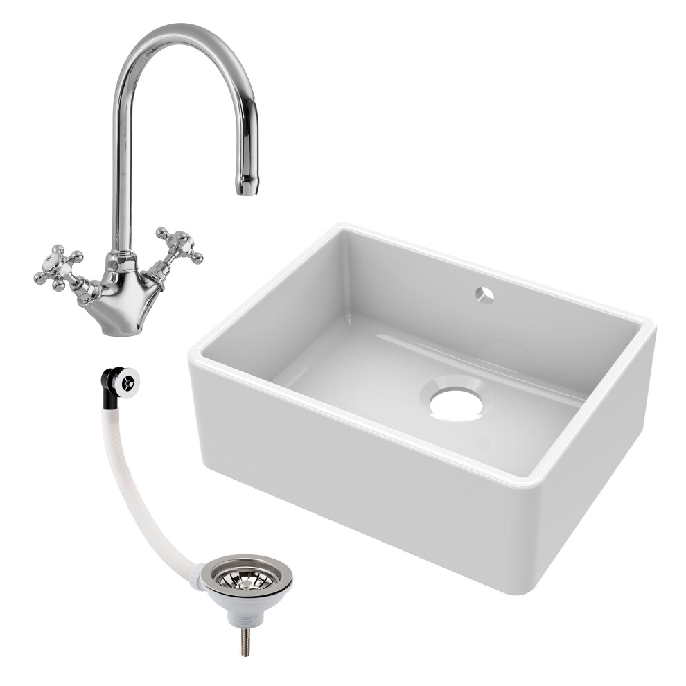 Single Bowl Fireclay Butler Kitchen Sink, Overflow, Mixer Tap & Waste, 595mm