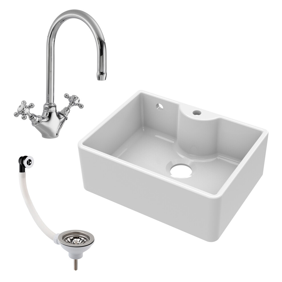 Fireclay Butler Kitchen Sink, Overflow, Tap Ledge & Hole, Tap & Waste, 595mm