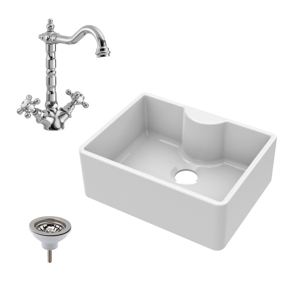 Fireclay Kitchen Bundle - Butler Sink, Waste & French Tap, 595mm - Chrome - Balterley