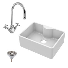 595mm - Fireclay 1 Bowl Butler Kitchen Sink - Tap Ledge, Mono Mixer Tap, & Waste