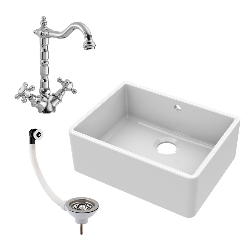 Single Bowl Fireclay Butler Kitchen Sink, Overflow, Classic Tap & Waste, 595mm